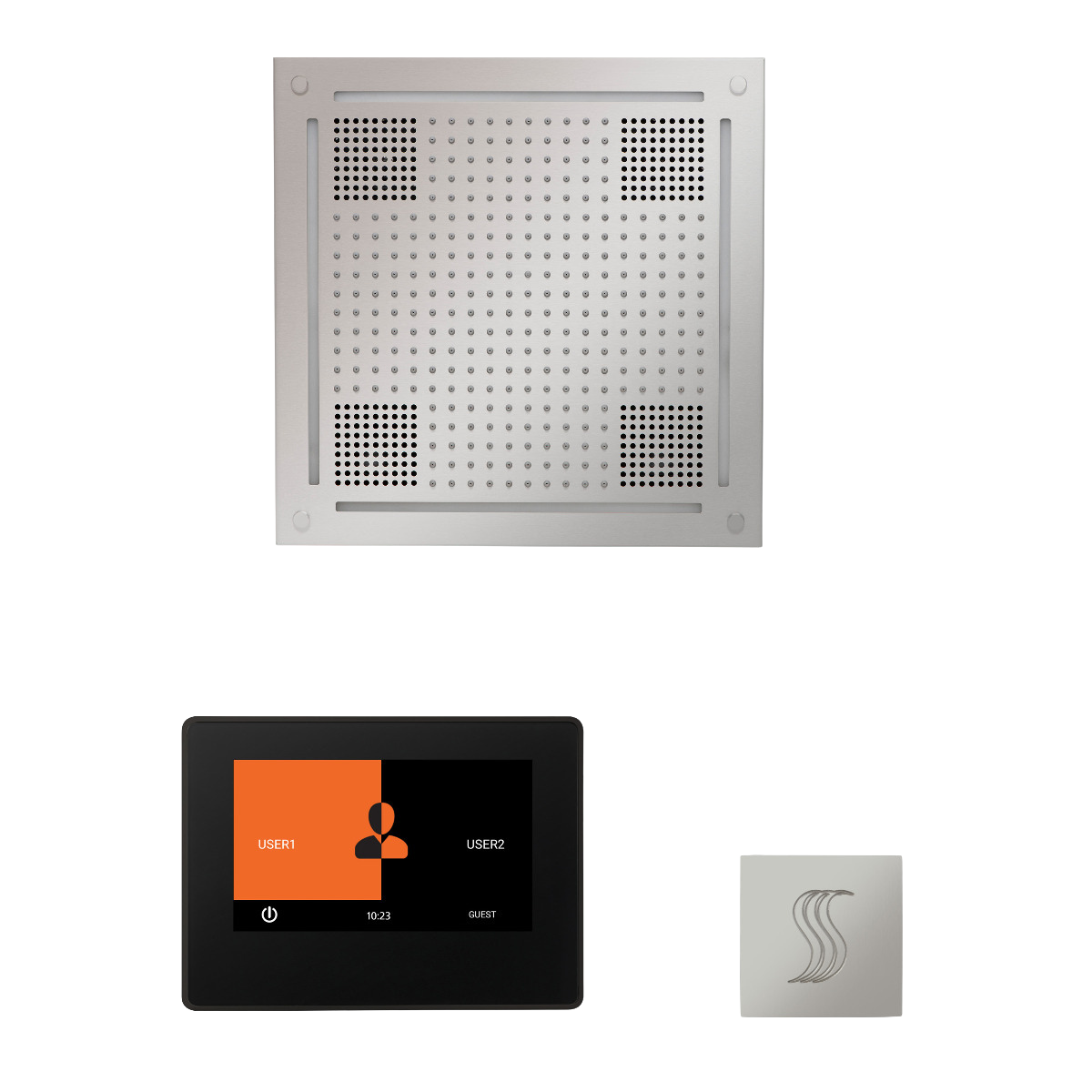 ThermaSol WHSTP7S Wellness Steam Package - HydroVive 18 Rainhead + ThermaTouch2 7" Black Trim Control + SteamVection Square Steam Head