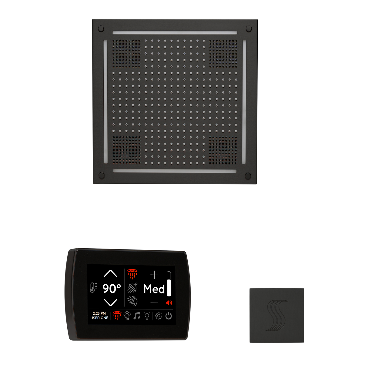 ThermaSol WHSTPSS Wellness Steam Package - HydroVive 18 Rainhead + SignaTouch Recessed Black Trim Control + SteamVection Square Steam Head