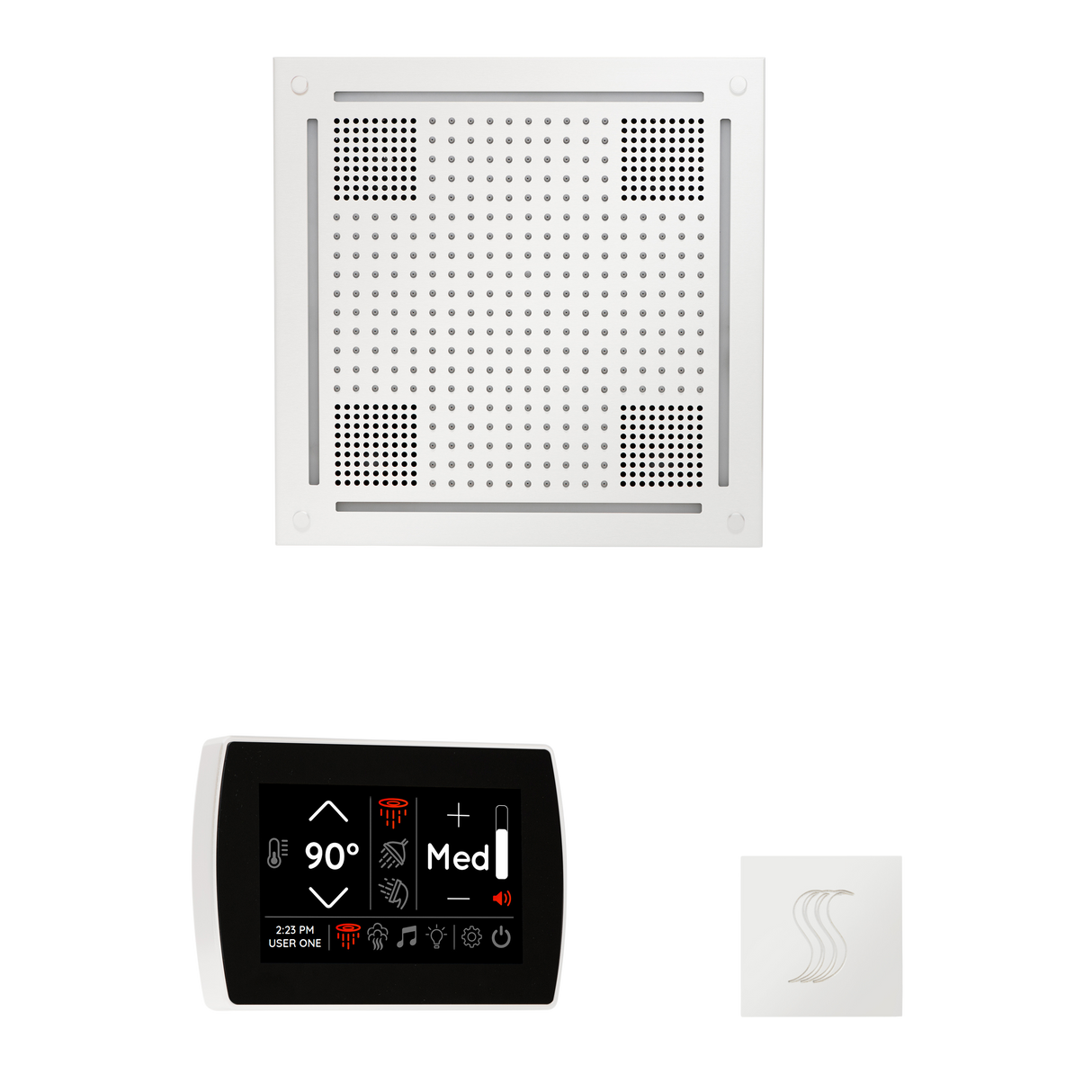 ThermaSol WHSTPSS Wellness Steam Package - HydroVive 18 Rainhead + SignaTouch Recessed Black Trim Control + SteamVection Square Steam Head