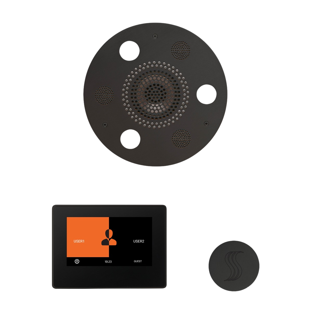 ThermaSol WSTP7R Wellness Steam Package - Serenity Advanced Round Rainhead + ThermaTouch2 7" Black Trim Control + SteamVection Round Steam Head