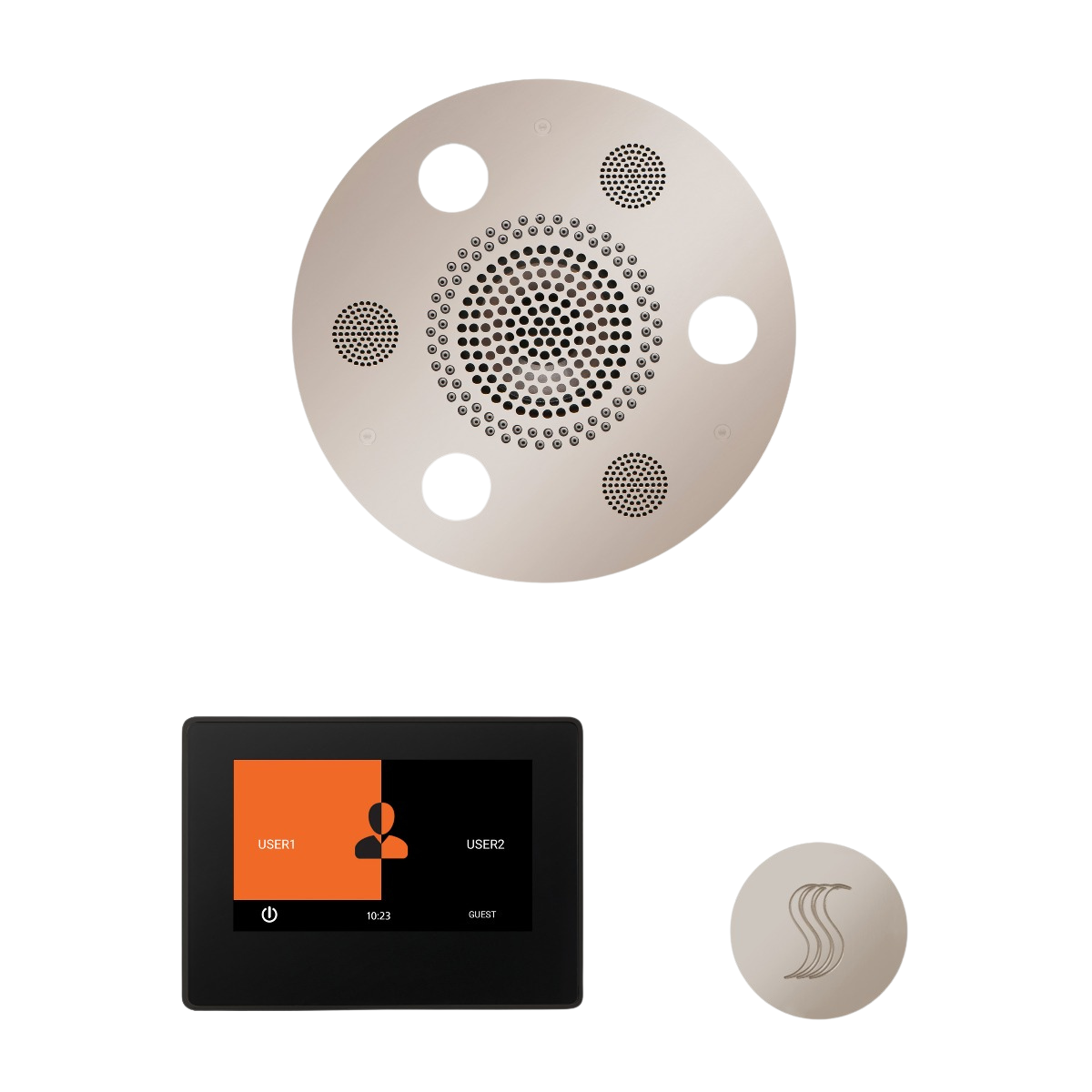 ThermaSol WSTP7R Wellness Steam Package - Serenity Advanced Round Rainhead + ThermaTouch2 7" Black Trim Control + SteamVection Round Steam Head