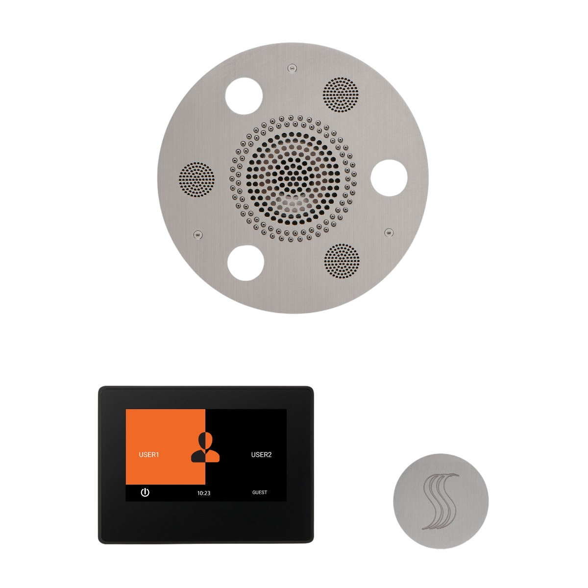 ThermaSol WSTP7R Wellness Steam Package - Serenity Advanced Round Rainhead + ThermaTouch2 7" Black Trim Control + SteamVection Round Steam Head