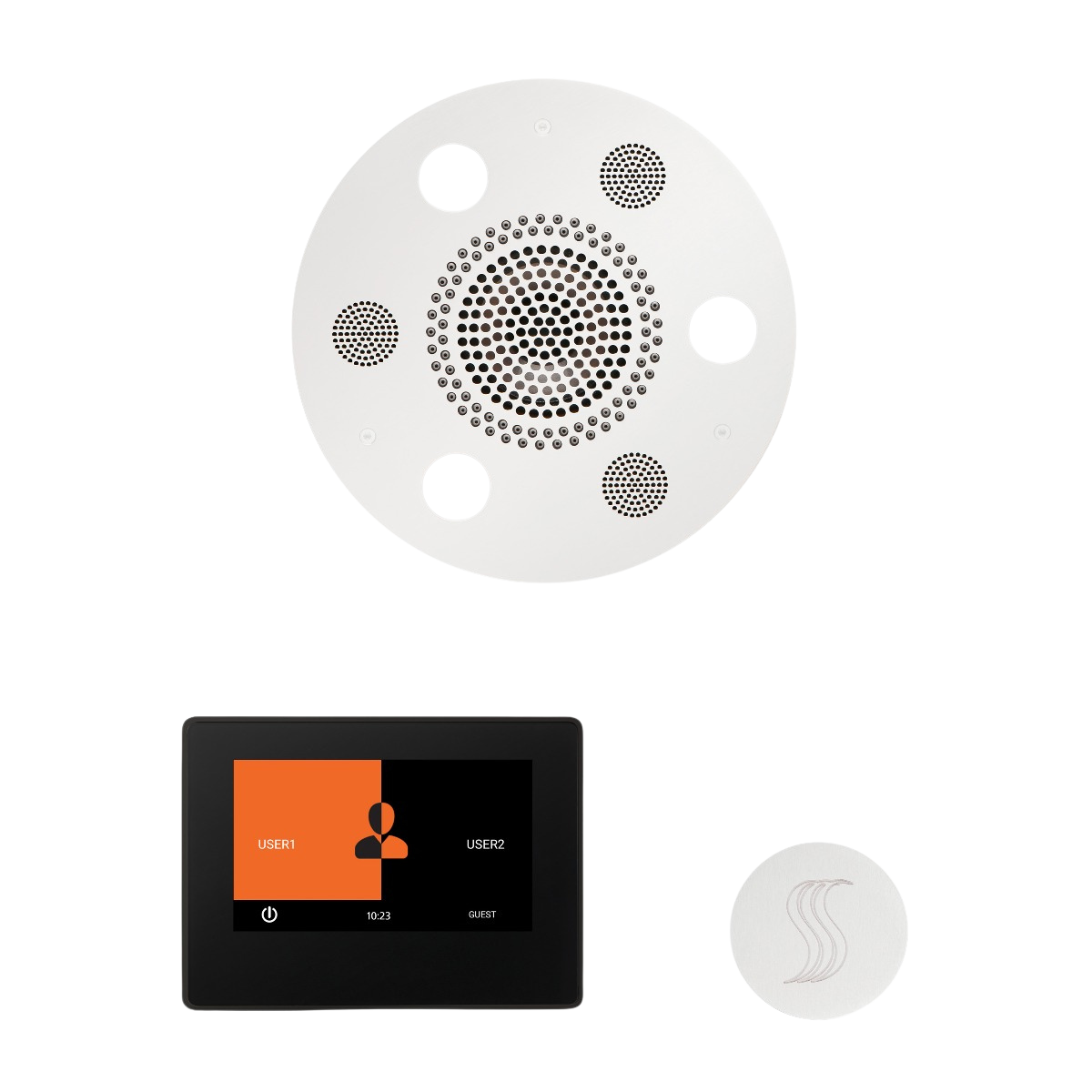 ThermaSol WSTP7R Wellness Steam Package - Serenity Advanced Round Rainhead + ThermaTouch2 7" Black Trim Control + SteamVection Round Steam Head