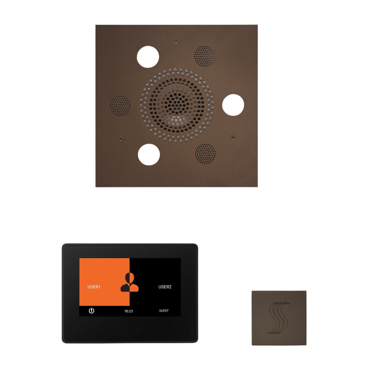 ThermaSol WSTP7S Wellness Steam Package - Serenity Advanced Square Rainhead + ThermaTouch2 7" Black Trim Control + SteamVection Square Steam Head