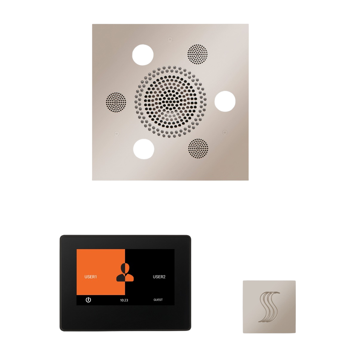 ThermaSol WSTP7S Wellness Steam Package - Serenity Advanced Square Rainhead + ThermaTouch2 7" Black Trim Control + SteamVection Square Steam Head