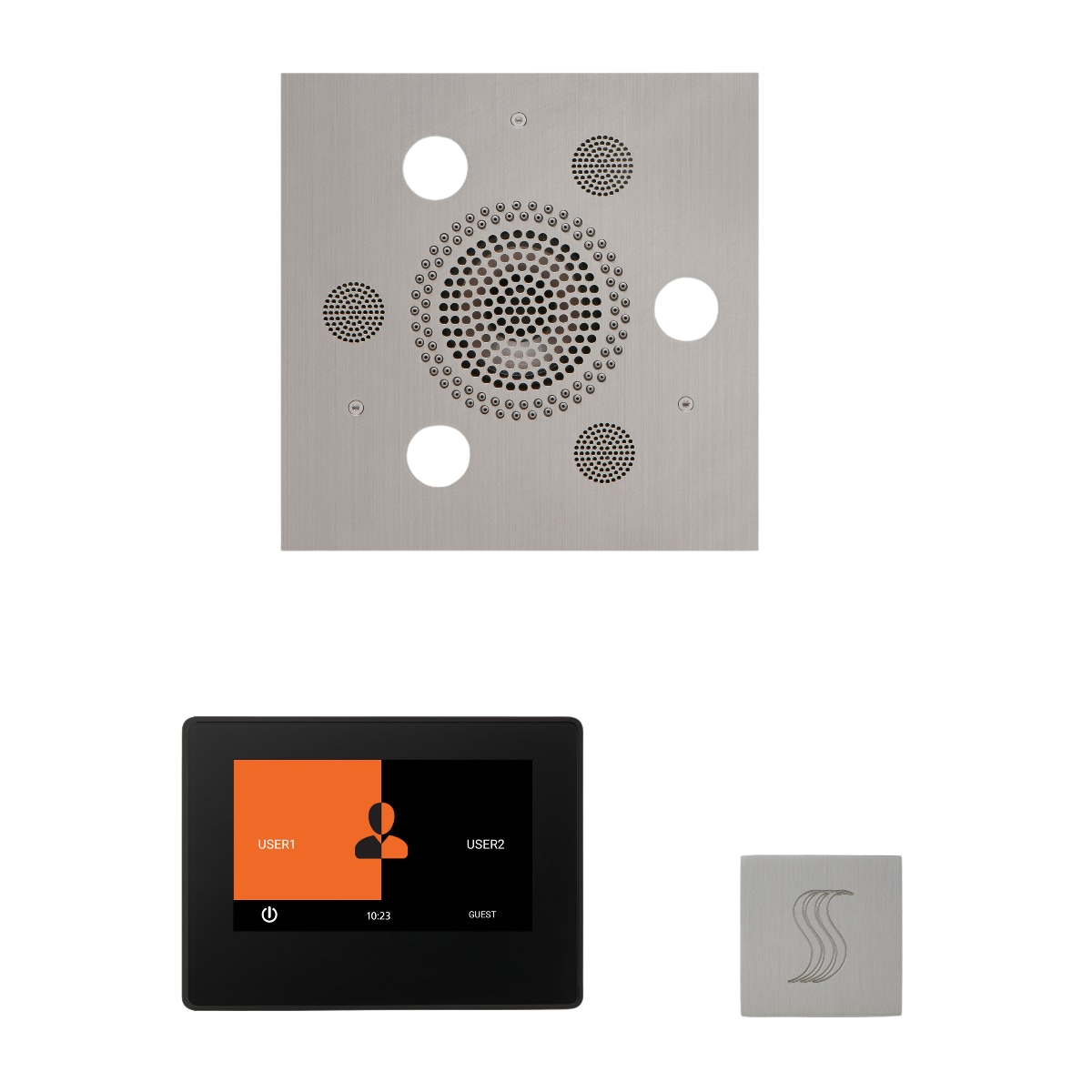 ThermaSol WSTP7S Wellness Steam Package - Serenity Advanced Square Rainhead + ThermaTouch2 7" Black Trim Control + SteamVection Square Steam Head