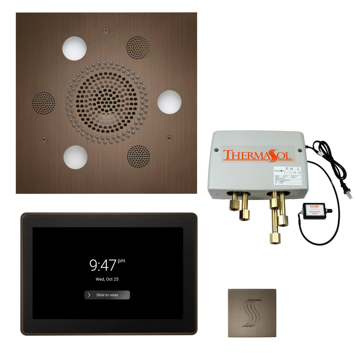 ThermaSol TWP15US Total Wellness Package - Serenity Advanced Square Rainhead + ThermaTouch2 15" Control + Digital Shower Valve + SteamVection Square Steam Head