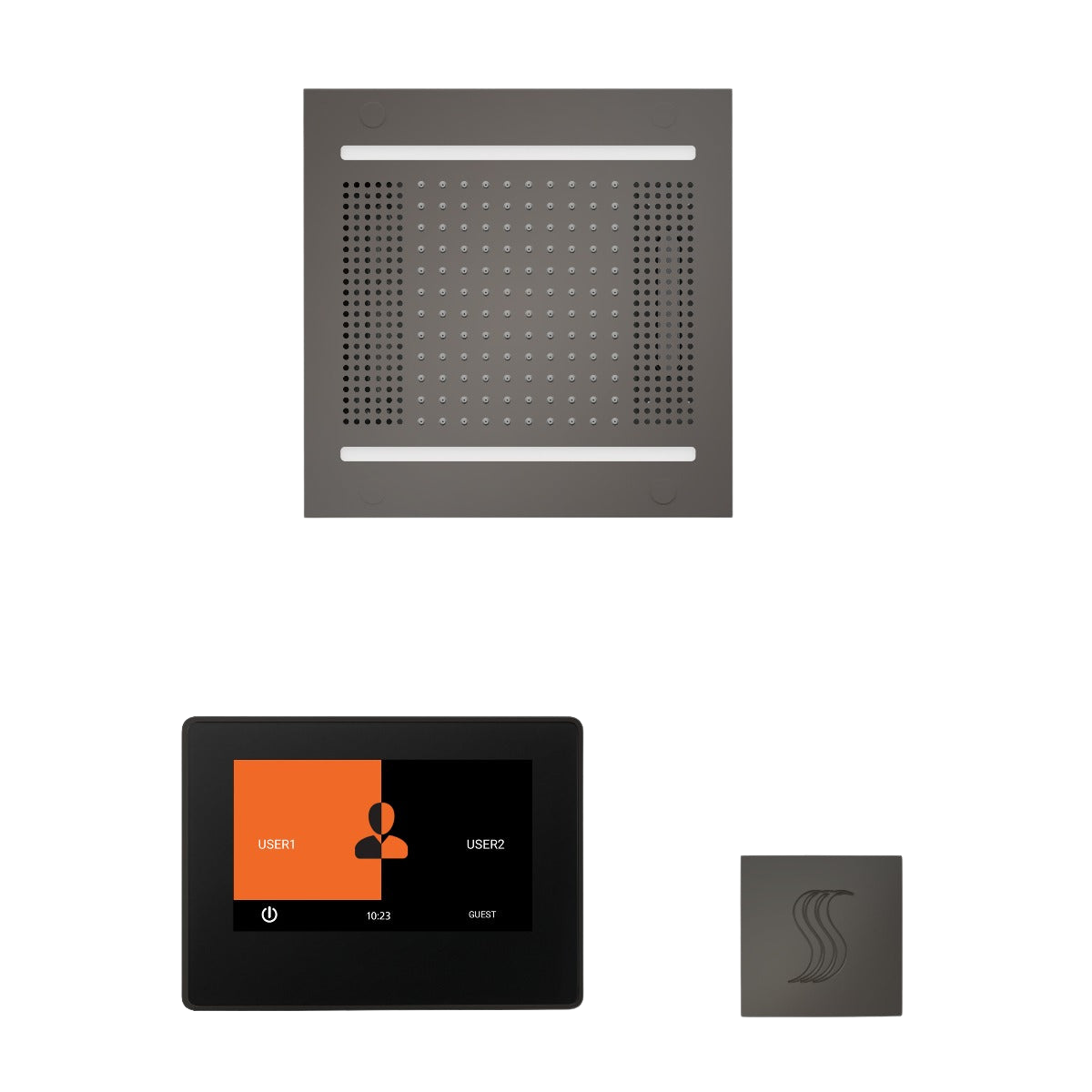 ThermaSol WH14STP7S Wellness Steam Package - HydroVive 14 Rainhead + ThermaTouch2 7" Black Trim Control + SteamVection Square Steam Head