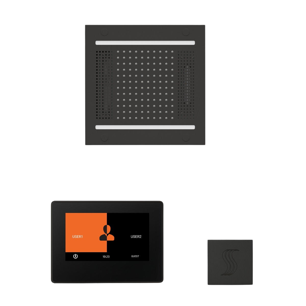 ThermaSol WH14STP7S Wellness Steam Package - HydroVive 14 Rainhead + ThermaTouch2 7" Black Trim Control + SteamVection Square Steam Head