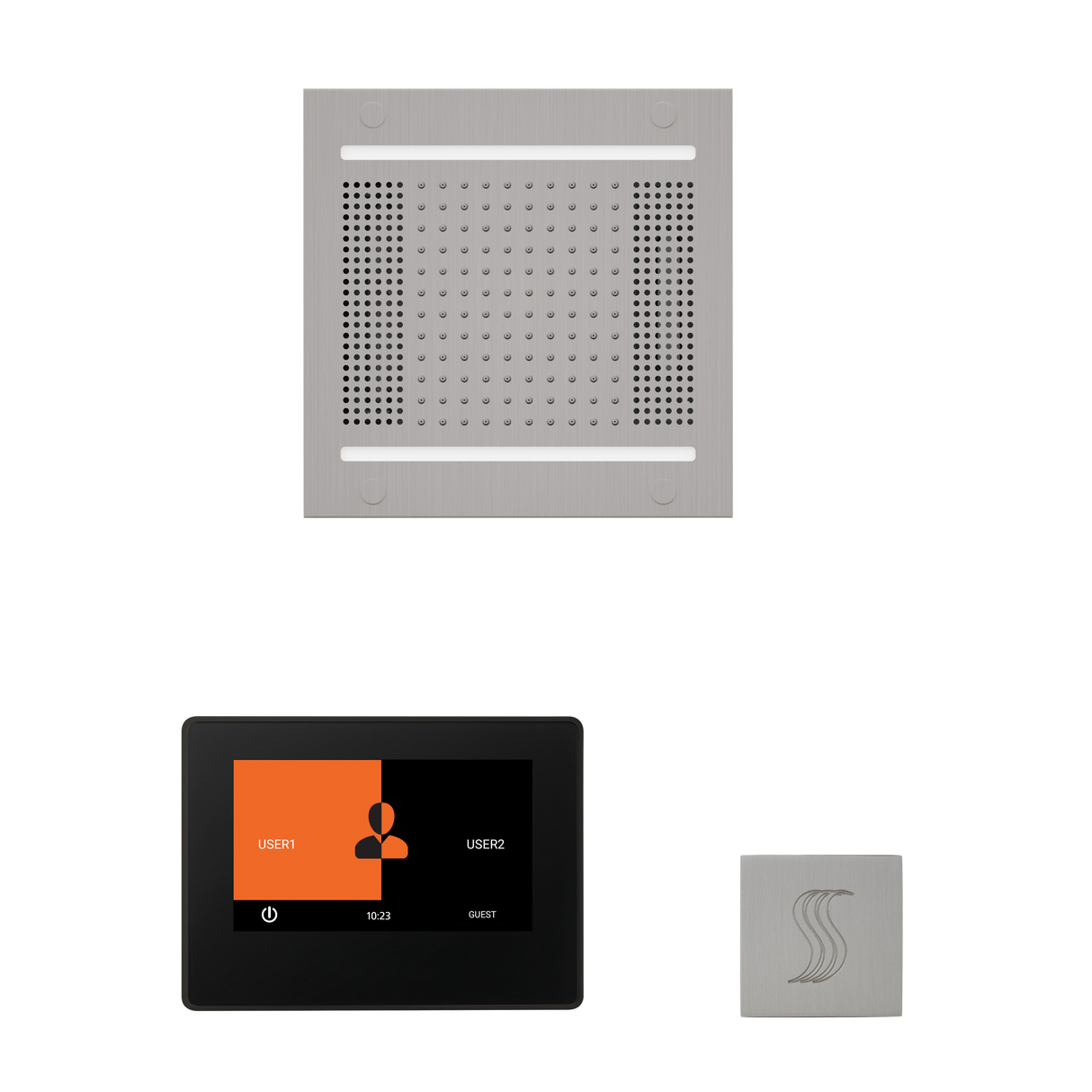 ThermaSol WH14STP7S Wellness Steam Package - HydroVive 14 Rainhead + ThermaTouch2 7" Black Trim Control + SteamVection Square Steam Head