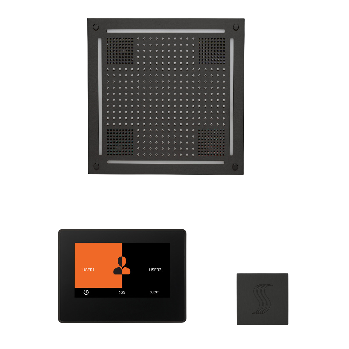 ThermaSol WHSTP7S Wellness Steam Package - HydroVive 18 Rainhead + ThermaTouch2 7" Black Trim Control + SteamVection Square Steam Head