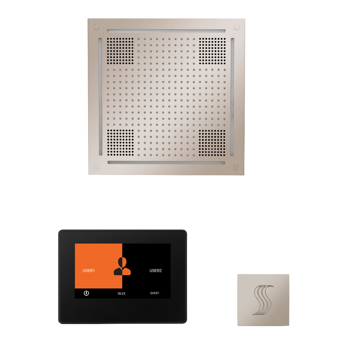 ThermaSol WHSTP7S Wellness Steam Package - HydroVive 18 Rainhead + ThermaTouch2 7" Black Trim Control + SteamVection Square Steam Head