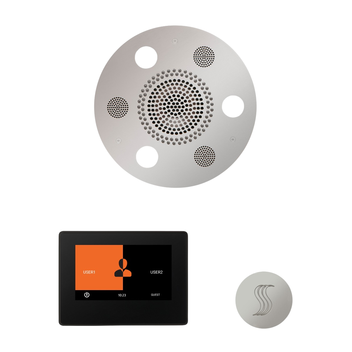 ThermaSol WSTP7R Wellness Steam Package - Serenity Advanced Round Rainhead + ThermaTouch2 7" Black Trim Control + SteamVection Round Steam Head