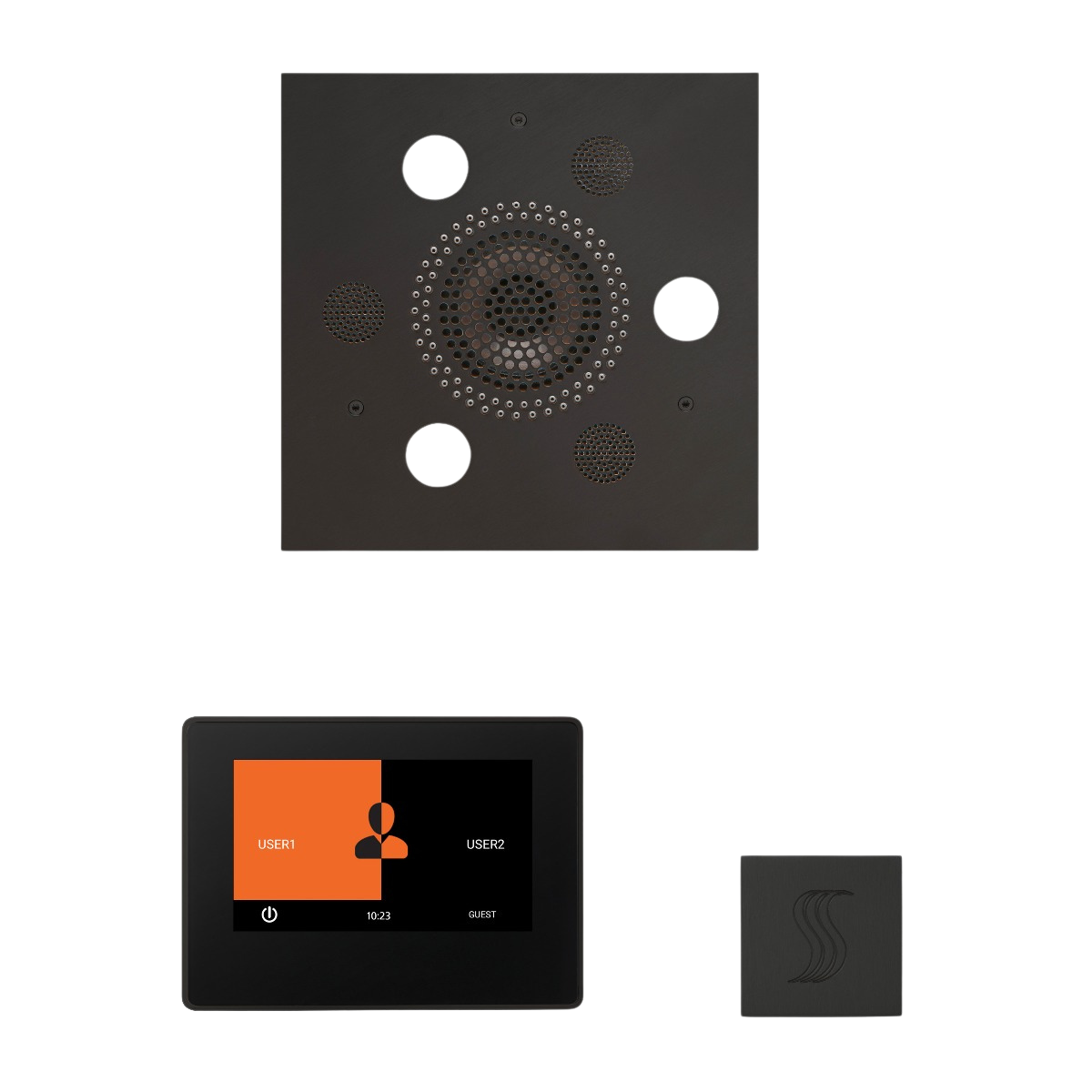 ThermaSol WSTP7S Wellness Steam Package - Serenity Advanced Square Rainhead + ThermaTouch2 7" Black Trim Control + SteamVection Square Steam Head