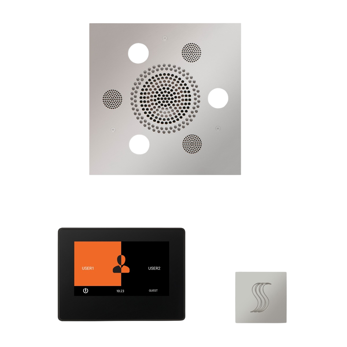 ThermaSol WSTP7S Wellness Steam Package - Serenity Advanced Square Rainhead + ThermaTouch2 7" Black Trim Control + SteamVection Square Steam Head